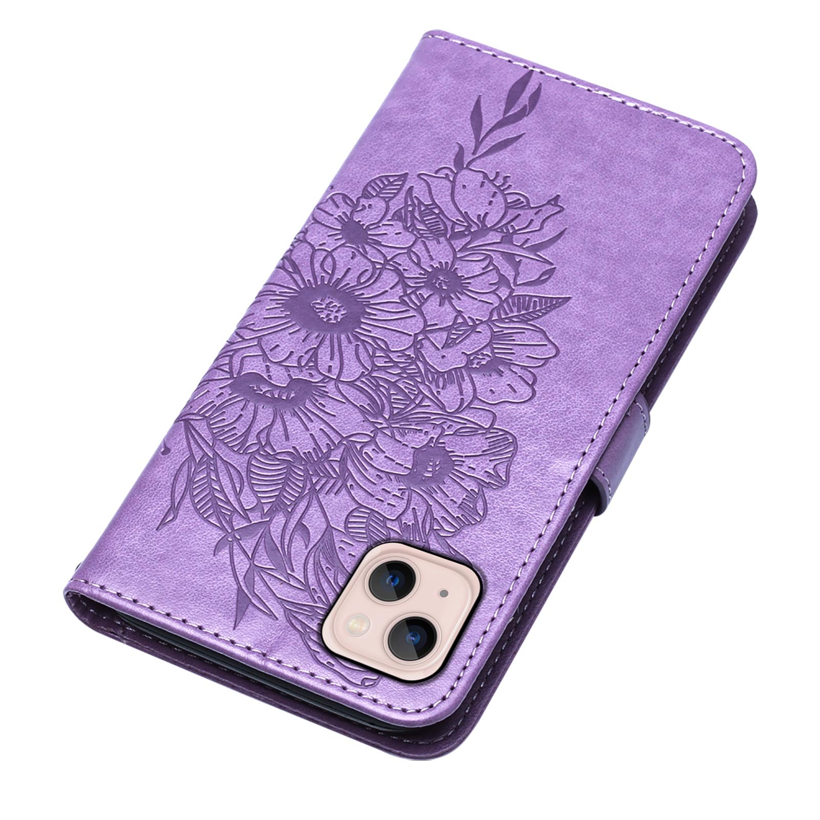 YB Imprinting Series-4 For iPhone 15 Plus Wallet Butterfly Flower Imprinted Cover PU Leather Stand Phone Case with Hand Strap - Purple YB Imprinting Series-4 For iPhone 15 Plus Wallet Butterfly Flower Imprinted Cover PU Leather Stand Phone Case with Hand Strap - Purple
